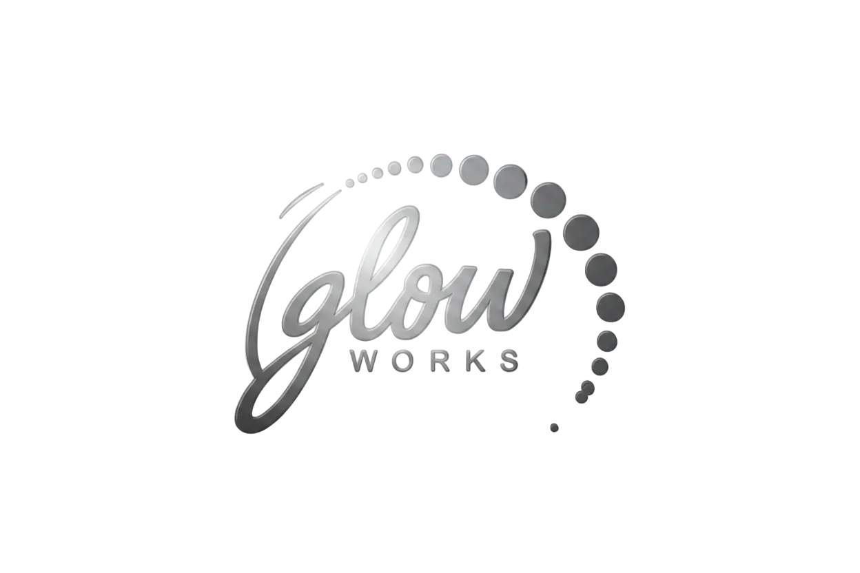A black and gray logo for 'glow WORKS'   position: absolute;
  right: 6%;
  top: 50%;
  transform: translateY(-50%);on a plain white background, with stylized script lettering and a dotted oval outline.